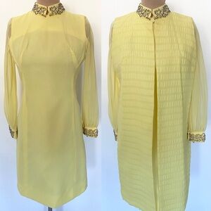 Vintage 60s Evening Dress and Duster *Large* YELLOW Sheer Sleeve Sheath Dress
